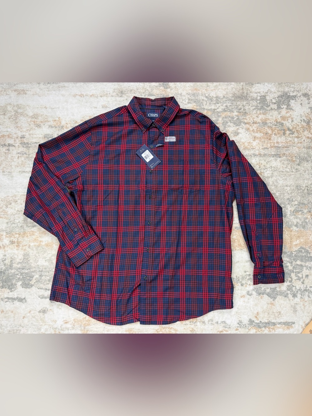 NWT Chaps Men’s XXL Red Navy Plaid Easy Care Twill Button Down Shirt